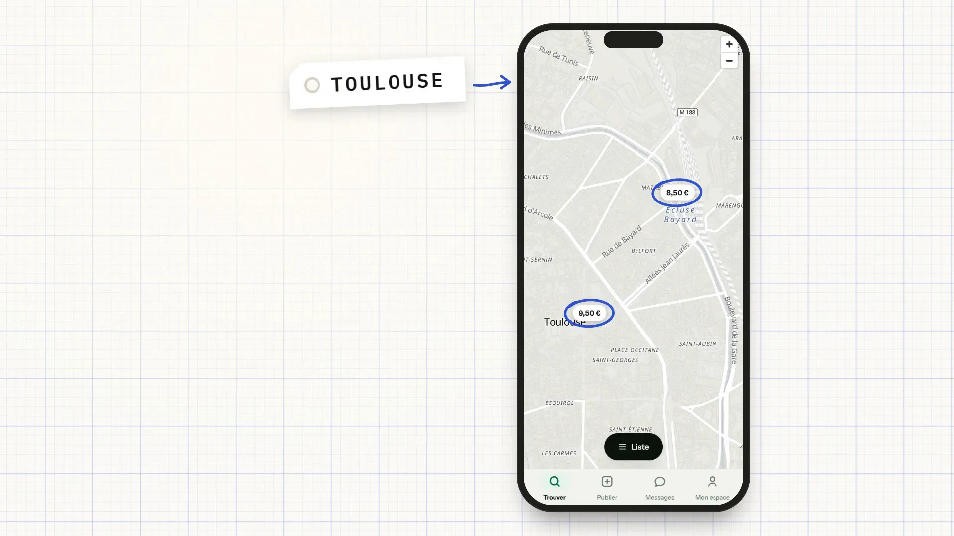 Posto dans un téléphone, la carte de Toulouse avec le prix des places posé dessus
