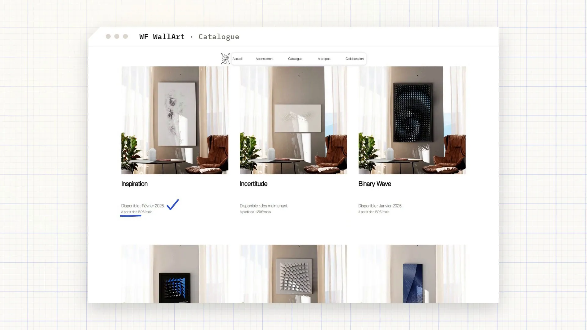 Le catalogue du site WF WallArt, trois œuvres accrochées dans un salon avec leur disponibilité
